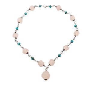 Vintage Floral Carved Rose Quartz & Turquoise Beaded Sterling Silver Necklace 16
